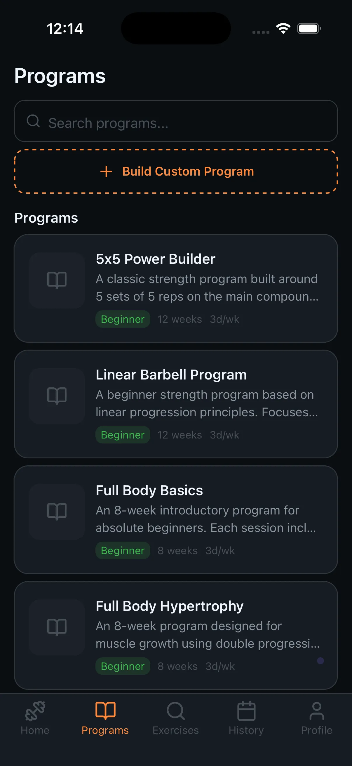 SteelRep app programs screen showing available training plans