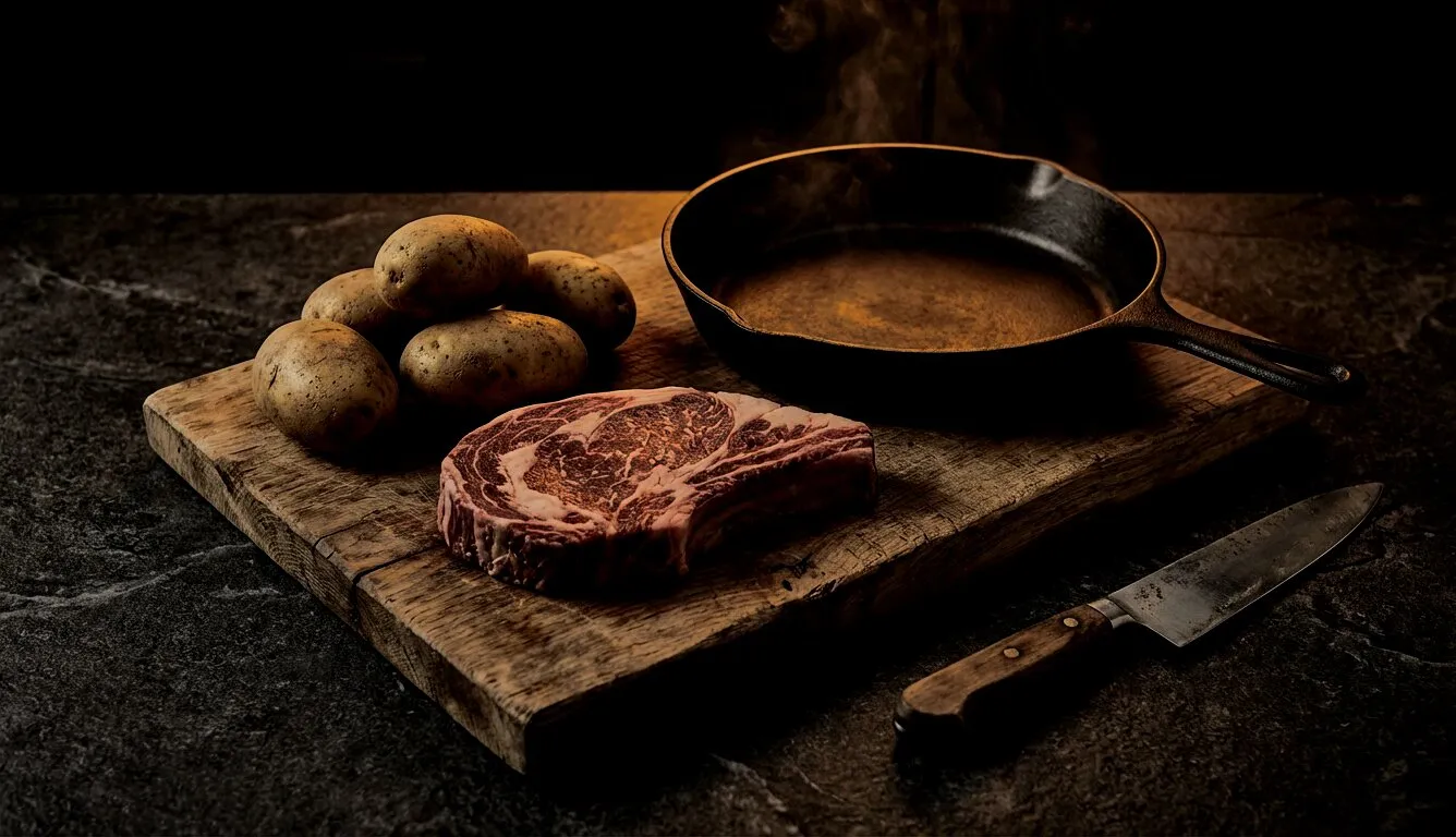 Raw steak and potatoes on a cutting board with cast iron skillet — real food for real strength