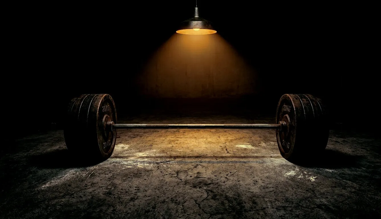 Heavy barbell on raw concrete floor under a single industrial light — the irreducible foundation