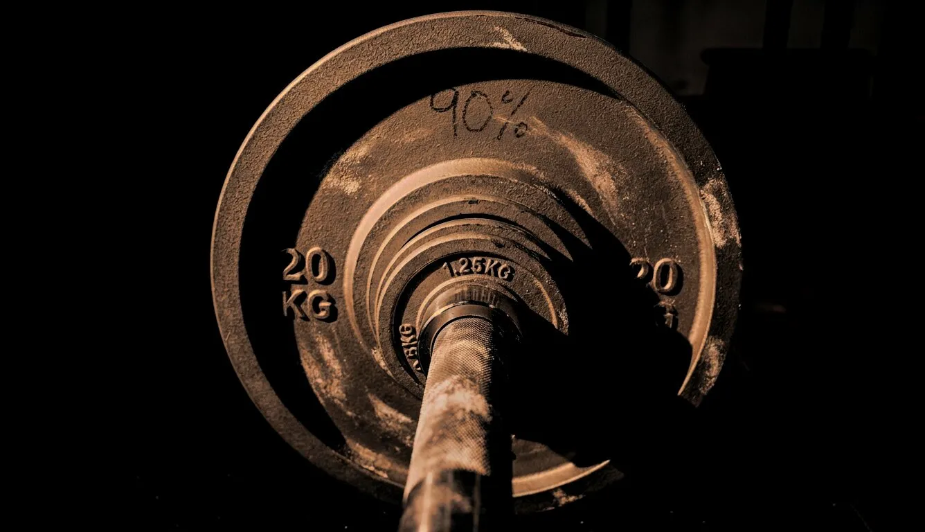 Close-up of iron plate with chalk percentage marking and fractional weights