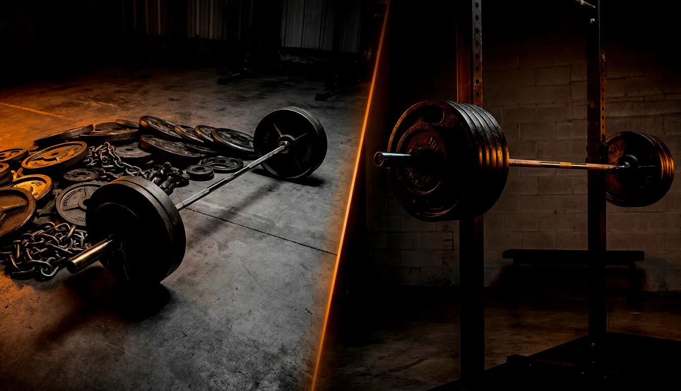 Split view of volume and intensity — accumulation plates versus heavy barbell on rack